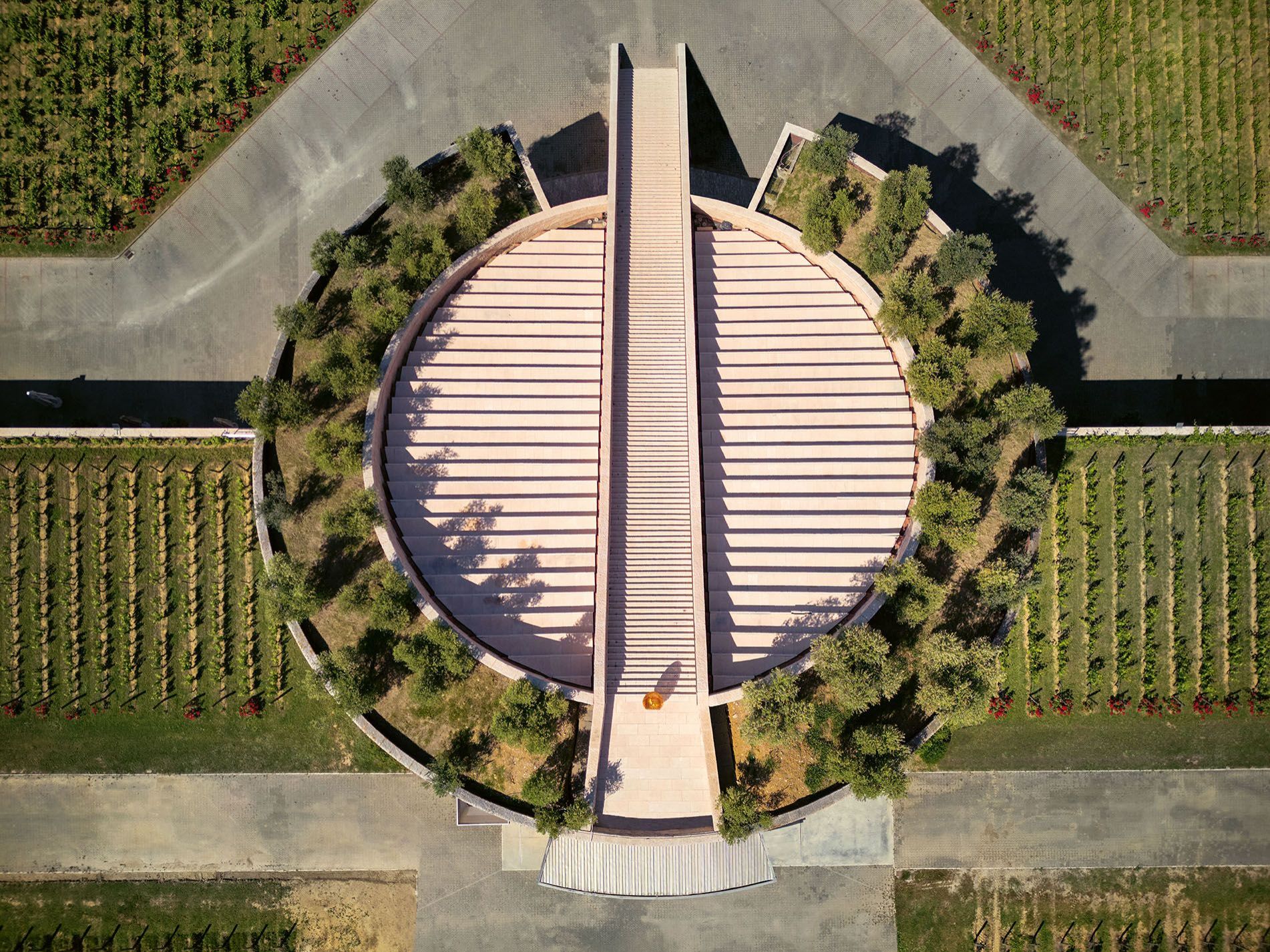  Cantina Petra. La copertura inclinata del cilindro sezionato &egrave; punteggiata da giardini pensili ed &egrave; solcata assialmente da una scenografica scalinata. 