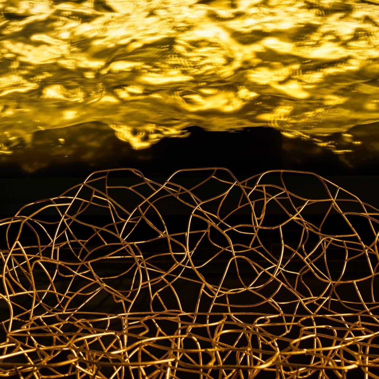   Corallo . Un dettaglio della poltrona dei fratelli Campana in filo d&rsquo;acciaio con foglia oro applicata a mano, ritratta di fronte all&rsquo;opera ORO di Fabrizio Plessi. A sottolineare la forza del movimento che si materializza in diverse forme. 